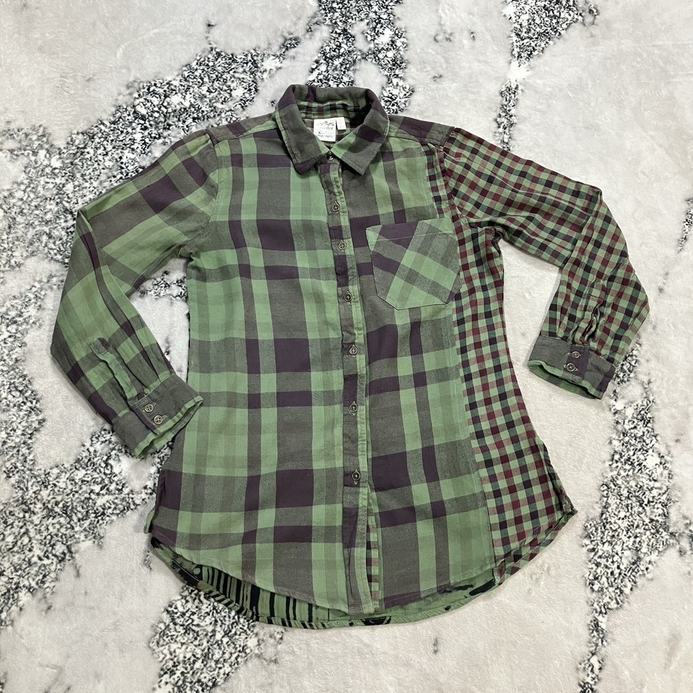 Paisley‎ & Sage Small Mixed Plaid Button Front Shirt Abstract Art Back Boho Top